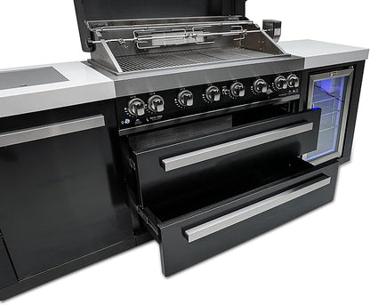 Mont Alpi Black Series Stainless Steel 94"W x 23"D Modular Outdoor Kitchen Island + Side Burner + Refrigerator + 44"W 6-Burner BBQ Gas Grill + White Granite Countertops + Storage Cabinets & Drawers