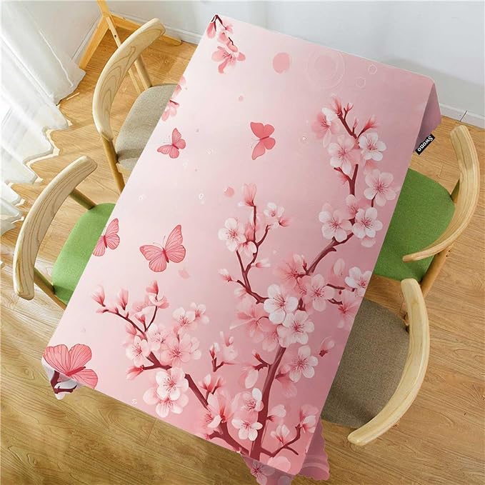 Swono Cherry Blossom Tablecloth Japanese Cherry Tree Nature Rectangle Table Cloth Washable Plaid Table Cover for Kitchen Holiday Dinner Banquet, 52x 70 Inch Tablecloth, Pink