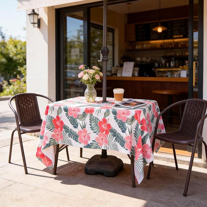 SquarePie Rectangle Outdoor Tablecloth with Umbrella Hole and Zipper 60x84 inch,Water Resistant SpillProof Patio Table Cloth for Spring Summer Camping Garden Poolside Picnic,Palm Leaf Red Flower