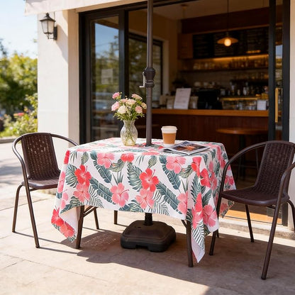 SquarePie Rectangle Outdoor Tablecloth with Umbrella Hole and Zipper 60x84 inch,Water Resistant SpillProof Patio Table Cloth for Spring Summer Camping Garden Poolside Picnic,Palm Leaf Red Flower