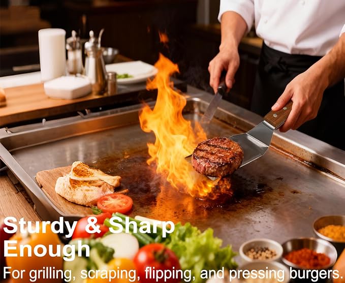 Thicker Stainless Steel Grill Spatula, Blade Only Size: 5.3"L × 2.8" W | Metal Griddle Spatula,Full Tang Wooden Handle,Beveled Edge, Smash Burger Turner,BBQ Grill Spatula Accessories for Blackstone,