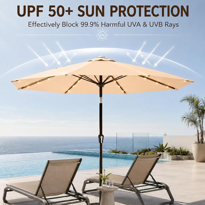11FT Solar Lighted Patio Umbrella, Outdoor Table Market Umbrellas with Crank Lift, 32 LED Lights, 8 Sturdy Ribs, UV-Resistant for Deck, Garden, Pool