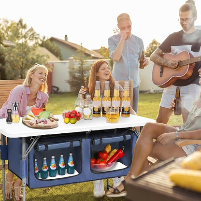 Camp Field 4ft Foldable Camping Table with Built-in Storage Organizer, Adjustable Height Heavy Duty Portable Camp Kitchen Table, Multi-Purpose Folding Table for BBQ, Tailgate, Beach, Camping...