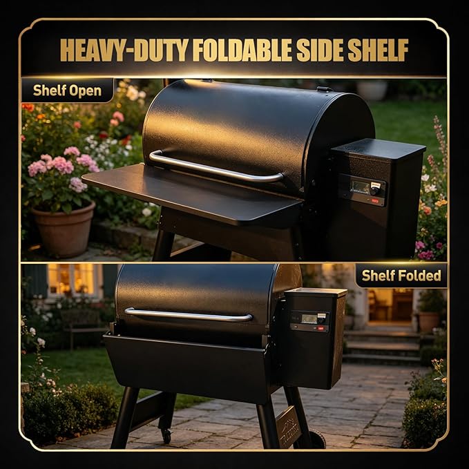 QuliMetal Folding Front Shelf for Traeger Pro 780 and Ironwood 885 Pellet Grills – Steel Grill Accessory,Compatible with Traeger BAC442, Ideal for Food Prep and Storage, 32.9'' X 11.5''