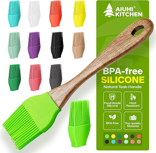 AIUHI Basting Brush for Cooking, Silicone Oil Brush with Wooden Handle, Heat Resistant Pastry Brushes with 12 Color Silicone Brush Head