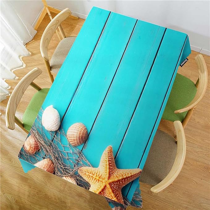 Swono Beach Table Cloth Tropical Fish Net Seashells Starfish Blue Wood Rectangle Tablecloth Picnic Table Cover BBQ Table Cloths Polyester for Kitchen Camping BBQ 50x72 Inch