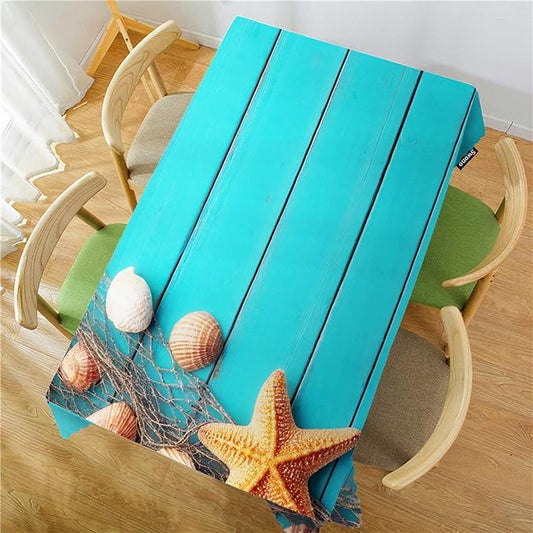 Swono Beach Table Cloth Tropical Fish Net Seashells Starfish Blue Wood Rectangle Tablecloth Picnic Table Cover BBQ Table Cloths Polyester for Kitchen Camping BBQ 50x72 Inch