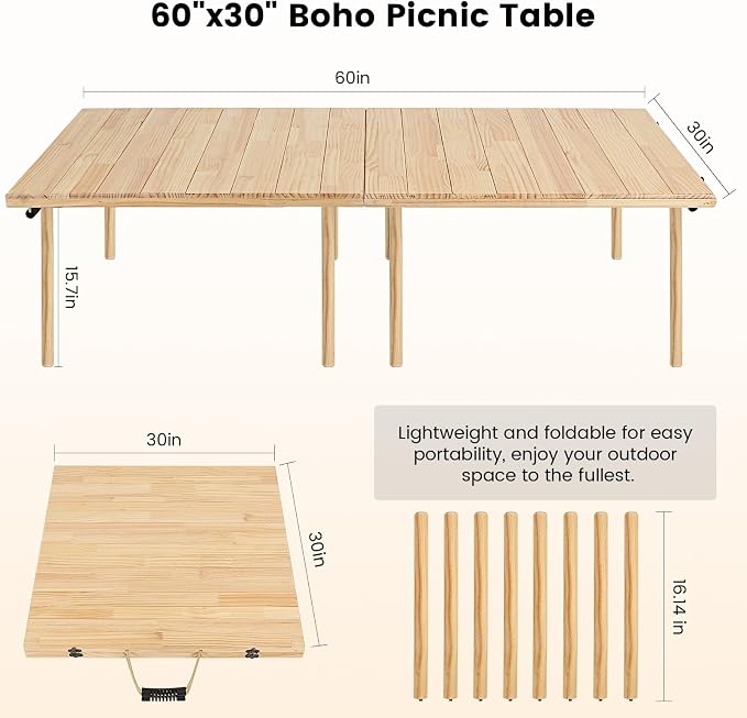 60" x 30" Boho Low Picnic Table, Foldable Solid Wood Construction | Beach Table with Tablecloth & Adjustable Legs, Indoor & Outdoor Use for Beach, Camping, BBQ, Wedding & Warm Family Gatherings