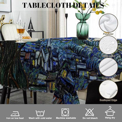 Swono Van Gogh Table Cloth Abstract Starry Night Art Painting Rectangular Tablecloth Picnic & BBQ Table Cover Polyester Kitchen Home Dining 50x72 Inch