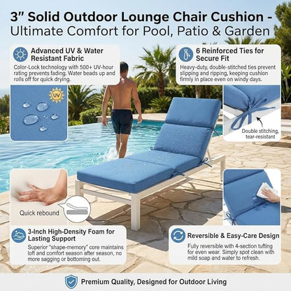 3" Solid Outdoor Lounge Chair Cushion, 74 x 22.5 inch Weather Resistant Chaise Lounge Cushion with 6 Ties for Patio Pool Furniture