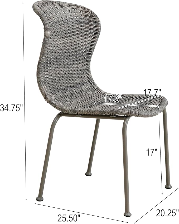 Christopher Knight Home Kixi Set of 2 Dining Chairs, Faux Rattan Outdoor Accent Seating with Iron Frame, Armless Design for Patio, Poolside/Garden, Grey