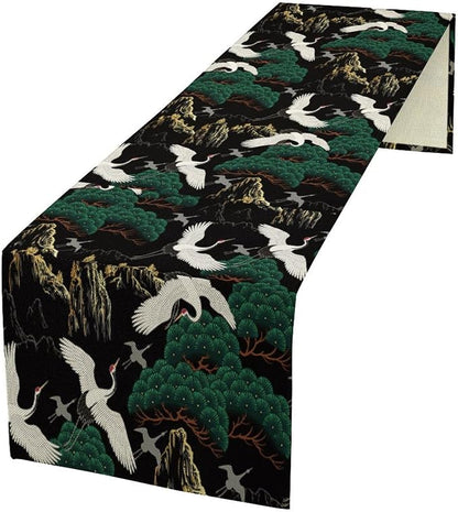 Japanese Crane Table Runner Oriental Vintage Asian Chinese Traditional Bird Trees Plant Dinner Runner for Farmhouse Kitchen Dinner Table Party Decoration 13x36in