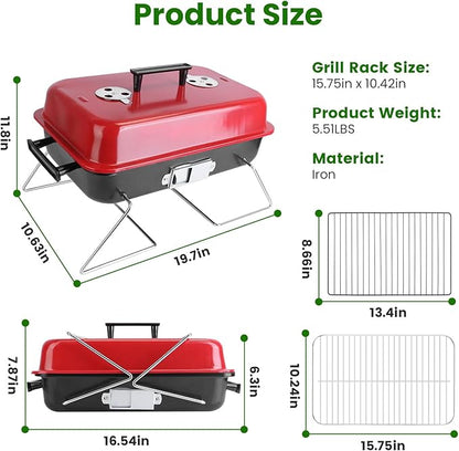 Portable BBQ Grill, Foldable Charcoal Grill Lightweight Smoker Grill for Outdoor Cooking Camping Hiking Picnics Tailgating Backpacking Party (Mini grill with lid(20x11x12"))