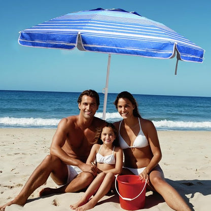 LOTTAFUN 6ft Beach Umbrella - Heavy Duty Wind Resistant UV 50+ Portable Sun Shade with Sand Anchor & Carry Bag, Outdoor Folding Umbrella for Beach, Pool, Patio, Garden (Blue Stripe) No Tilt The sand needs to exceed the spiral 6inch