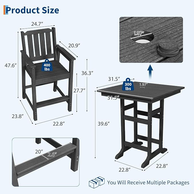 Garvee 3-Piece Outdoor Adirondack Bar Set, Patio Bar Table with 2 Bar Chairs, HDPE All-Weather Patio Bar Furniture Set with Umbrella Hole, for Balcony, Backyard, Poolside, Bistro