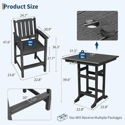 Garvee 3-Piece Outdoor Adirondack Bar Set, Patio Bar Table with 2 Bar Chairs, HDPE All-Weather Patio Bar Furniture Set with Umbrella Hole, for Balcony, Backyard, Poolside, Bistro
