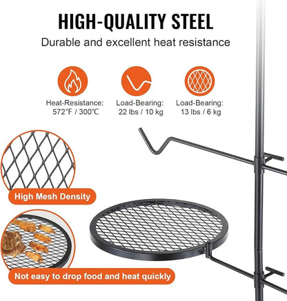 VEVOR Swivel Campfire Grill, Fire Pit Grill Grate over Fire Pits, Heavy Duty Steel Grill Grates, 360° Adjustable Open Fire Outdoor Cooking Equipment, Portable Camp Fire Racks for Camping Outdoor BBQ
