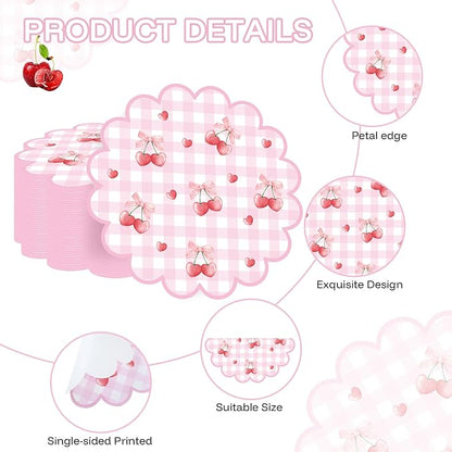 100 Pcs Cherry Paper Placemats Pink Bow Gingham Placemat 13.5 Inch Round | Disposable Decorative Dining Cherry on Top Table Mats with Scalloped Edges for Spring Summer Birthday Wedding Party Supplies