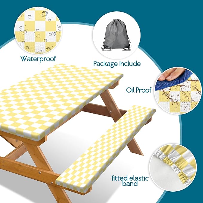 Picnic Table Cover with Bench Covers and Bag, Yellow White Checkered Gingham Buffalo Plaid Camping Tablecloth Waterproof Windproof Elastic Edges Fitted Tablecloths for Outdoor Garden 3PCS 30x72 Inch