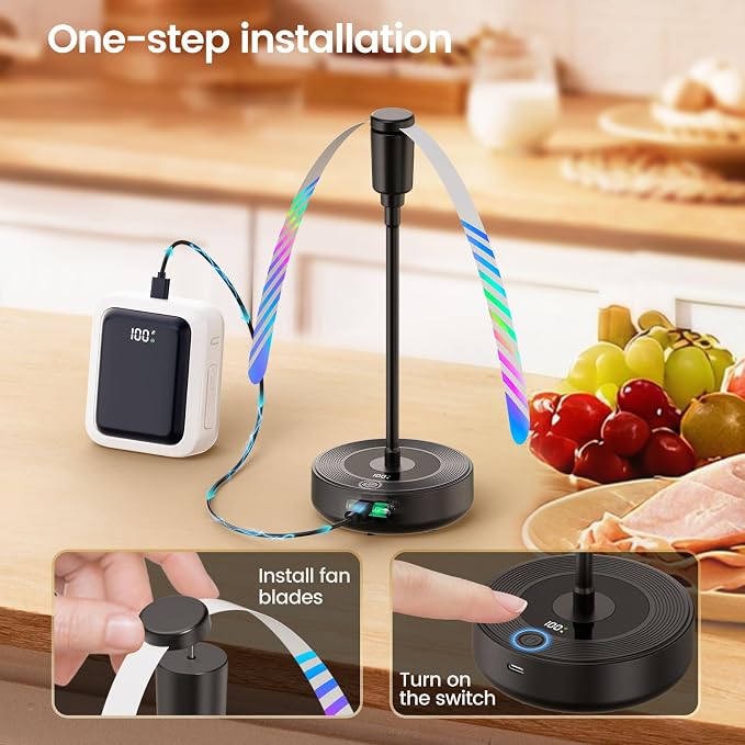 TriPole Fly Fans for Tables with Battery Display, Rechargeable, 20H Runtime | 2000mAh Rechargeable Food Fan, Quiet Operation, Flexible Neck for 360° Coverage Outdoor Fan for Picnic, Party, BBQ, Kitchen