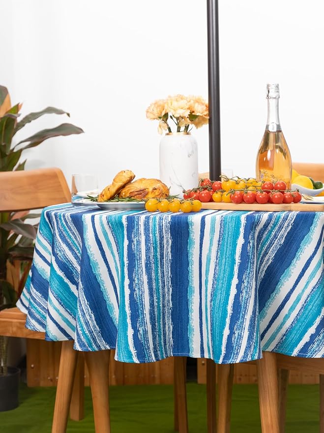 YiHomer Indoor Outdoor Tabletop for Spring Summer Decorations, Picnics and Dinner Parties - Stain and Water Resistant, Crayon Art (Ocean), Zipper Tablecloth, 60" Round with Umbrella Hole