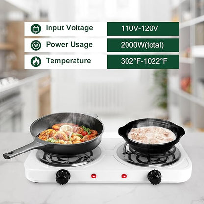 Double Burner Cooktop, 2000W Portable Electric Stove, 5 Level Temperature Control, Easy to Clean, Power Indicator Lights, Coil Hot Plate for Home Dorm Camping Cooking
