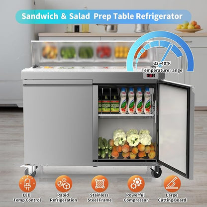 48" W Commercial Refrigerator Sandwich Salad Prep Table Refrigerator Stainless Steel with 12 Pans, Kitchen Equipment for Restaurant, Bar, Shop, Buffet, etc