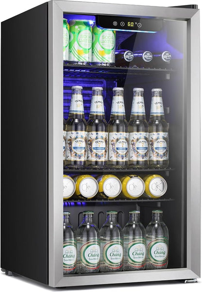 Antarctic Star Mini Fridge -130 Can Beverage Refrigerator for Soda Beer or Wine, Stainless steel door frame, for Office or Bar with Adjustable Removable Shelves, Silver, 3.1 Cu.Ft