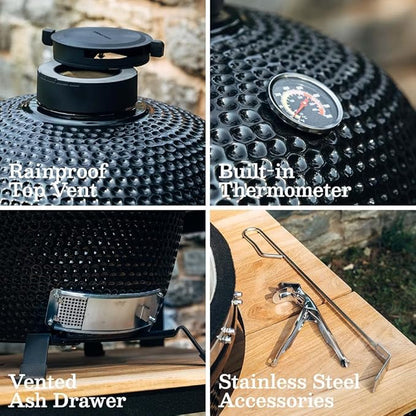 Ash & Ember 18" Kamado Grill Kit with Aluminum Table, Grade A Teak Shelves, Built-In Thermometer, Airflow Vent, Heat Deflector, Ash Drawer, Ash Tool, Clip Tool, Protective Cover Included