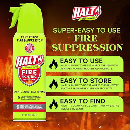HALT! 10oz Fire Safety Spray – Non-Toxic, PFAS-Free Handheld Fire Suppressor – Easy to Use, Store & Find – Compact & Portable for Home, Kitchen, Car, BBQ, Camping & Tailgate – Made in USA (2pk)