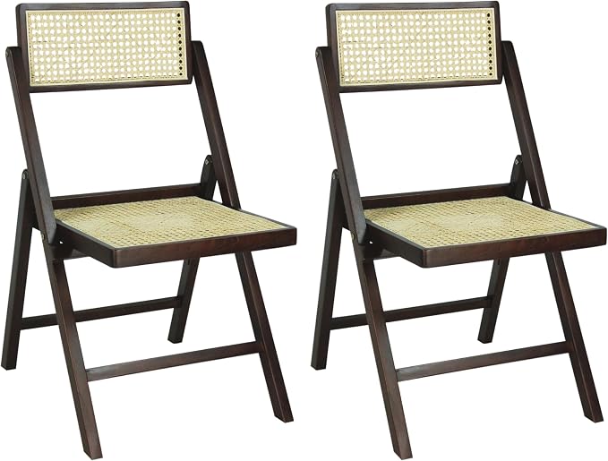 JONATHAN Y Theo Teak Wood and Rattan Folding Chairs, Set of 2, Dark Brown | Woven Cane Seat And Back, Portable Lightweight Design, For Dining And Living Room, Mid-Century Vintage Bohemian Style