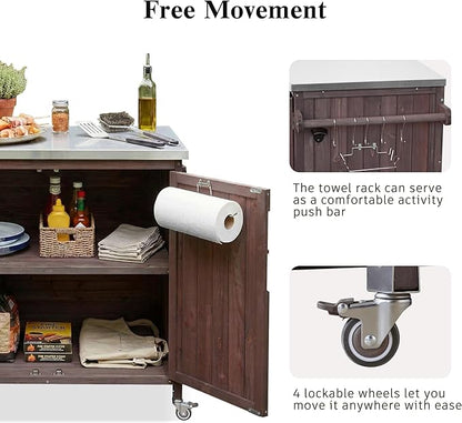 Outdoor Kitchen Island with 4 Locking Wheels, 42” Stainless Steel Top Grill Prep Station, Solid Fir Wood Storage Cabinet with 3-Tier Side Shelf and Adjustable Rack for Patio and BBQ, Brown