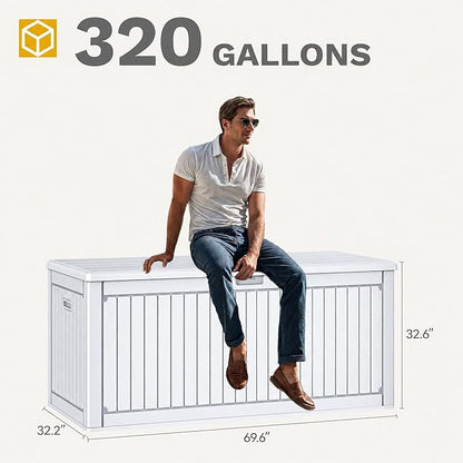 DWVO 320 Gallon Resin Outdoor Storage Box, XXL Double-Wall Waterproof Deck Box with Divider, Doubles as Table or Seating with 1000 lbs Capacity, Lockable (Grayish-White)