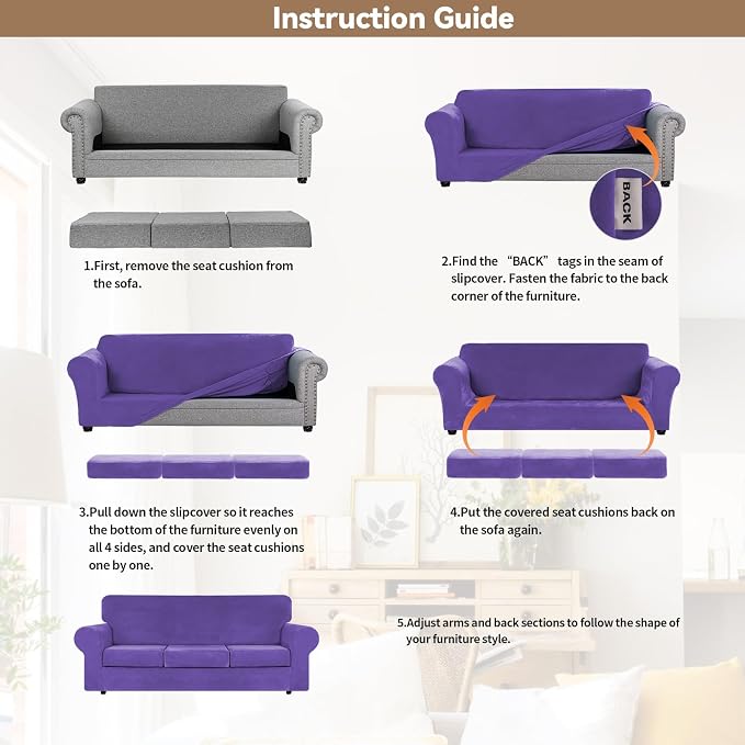 WEERRW 4 Pieces Couch Cover for Sofa Velvet Sofa Covers Washable, Purple | Sofa Covers for 3 Cushion Couch Furniture Protector Sofa Slipcovers with Non Slip Elastic Bottom, Pet Friendly, Large