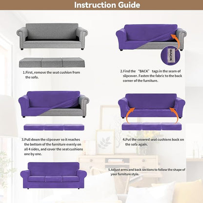 WEERRW 4 Pieces Couch Cover for Sofa Velvet Sofa Covers Washable, Purple | Sofa Covers for 3 Cushion Couch Furniture Protector Sofa Slipcovers with Non Slip Elastic Bottom, Pet Friendly, Large
