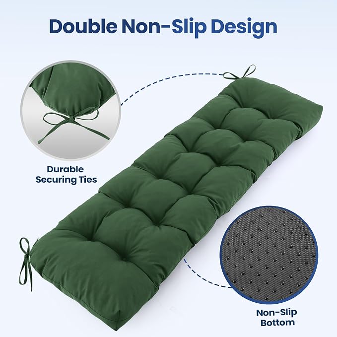 IASEAHK Outdoor Bench Cushion 59x18x5 Inch, Waterproof & Fade-Resistant Patio Furniture Cushions, Tufted Memory Foam Indoor/Outdoor Cushions for Couch Swing with Non-Slip Backing&Straps, Forest Green