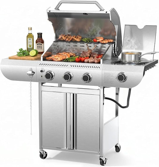 COWSAR 4 Burner Gas Grill, 34000 BTU Stainless Steel BBQ Grill with Side Burner, Porcelain-Coated Cast Iron Grates, Pull-Out Grease Tray for Outdoor Backyard Cooking