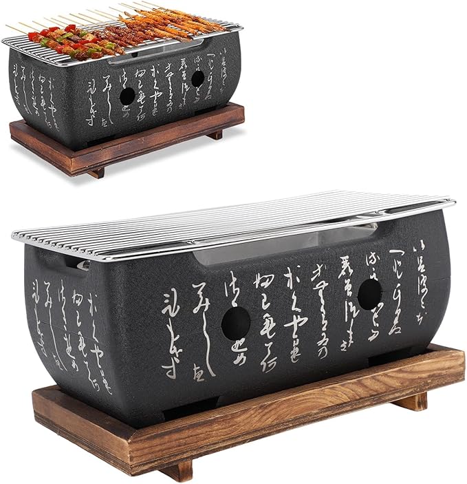 FLEXMAN Japanese Style Barbecue Grill, Portable Japanese Cuisine Charcoal Stove, Mini Rectangle Korean Bbq Grill with Wood Base Wire Plate for Family Gatherings Camping Picnics (M)
