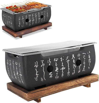FLEXMAN Japanese Style Barbecue Grill, Portable Japanese Cuisine Charcoal Stove, Mini Rectangle Korean Bbq Grill with Wood Base Wire Plate for Family Gatherings Camping Picnics (M)