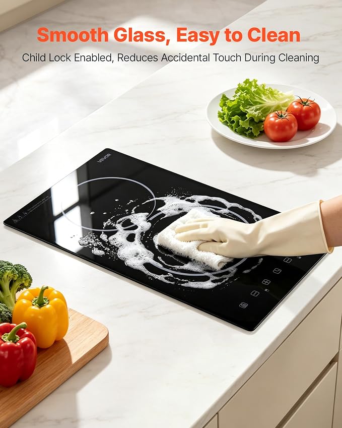 VEVOR Electric Cooktop 12inch 2 Burners Stove Top 3000W 220V No Plug, Ceramic Built-in Radiant Electric Stove, with 9 Power Levels, Timer, Child Lock, Over-Heat Guard, Touch Control