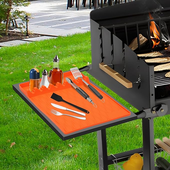Silicone BBQ Tool Mat, Outdoor BBQ Grill Mat with Drip Mat with Seasoning Bottle Holder, BBQ Accessory Side Rack Mat, BBQ Tool Tray, 15.98"*11.5" (Orange 2pcs)