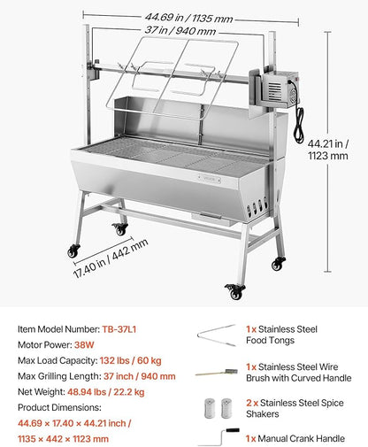 VEVOR Rotisserie Grill, 37in BBQ Outdoor Pig & Lamb Spit Roaster, Charcoal Spit Roaster with 132 LBS Load Capacity & 7-Level Height, Stainless Steel Electric Rotisserie Grill Kit for Camping Outdoor