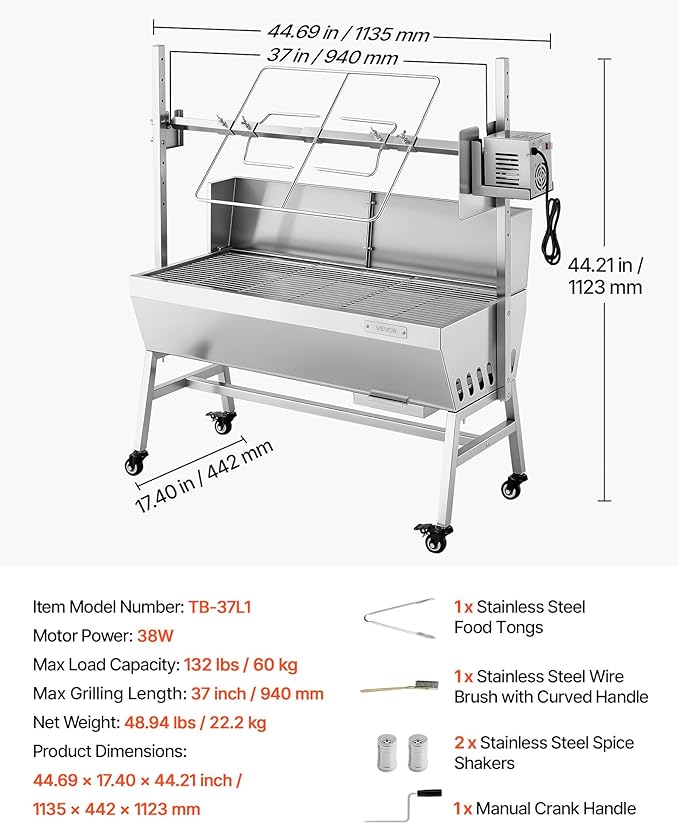VEVOR Rotisserie Grill, 38W Stainless Steel BBQ Outdoor Pig & Lamb Spit Roaster, 132 LBS Load Capacity Charcoal Spit Roaster with 7-Level Height, Electric Rotisserie Grill Kit for Camping Outdoor