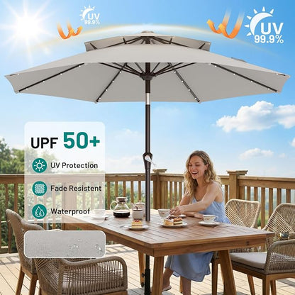 AreShark 9ft 2 Tiers Patio Umbrella with Solar Lights, Outdoor Umbrella w/ 32 LED Lights&8 Sturdy Ribs, Table Umbrella for Deck, Backyard, Pool(Light Gray)