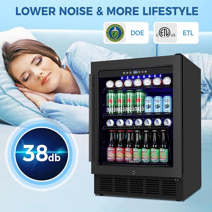 24 Inch Beverage Refrigerator Under Counter, Drink Fridge 180 Cans Large Capacity with Glass Door, 38dB Whisper Quiet Beverage Cooler Built-in for Home Bar Office, Memory Function for Beer Soda, Black