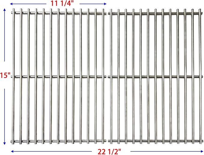 DS112 Solid Stainless Steel Cooking grids 2PK Replacement for Weber Spirit 200 Series and Genesis Silver A, Spirit E210, Spirit 500 (Side-Mounted Control) 7521 7523 9855, 15 x 11 1/4 Inch