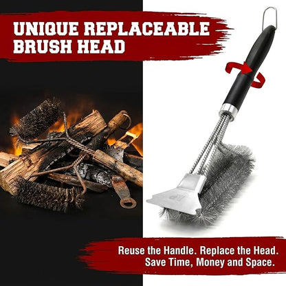 KITCHEN PERFECTION GrillSaver - Safe BBQ Grill Brush for Outdoor Grill with Replaceable Cleaning Head -Heavy-Duty Grill Cleaner with Scraper for All Grates +2 Bonuses -Best Grilling Gifts for Men
