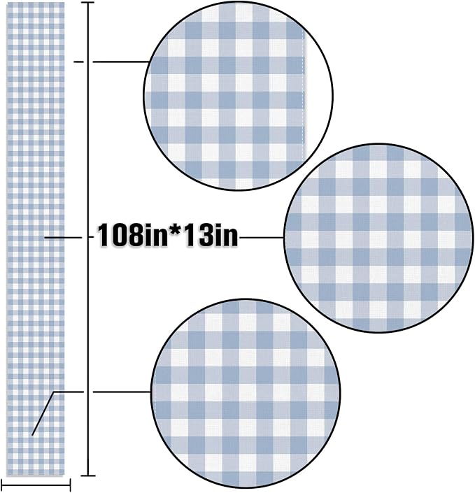 Dusty Blue Gingham Table Runner Light Blue Checkered Boy Girl Baby Shower Birthday Party Decoration Home Dining Kitchen Island Decor (13" x 108")