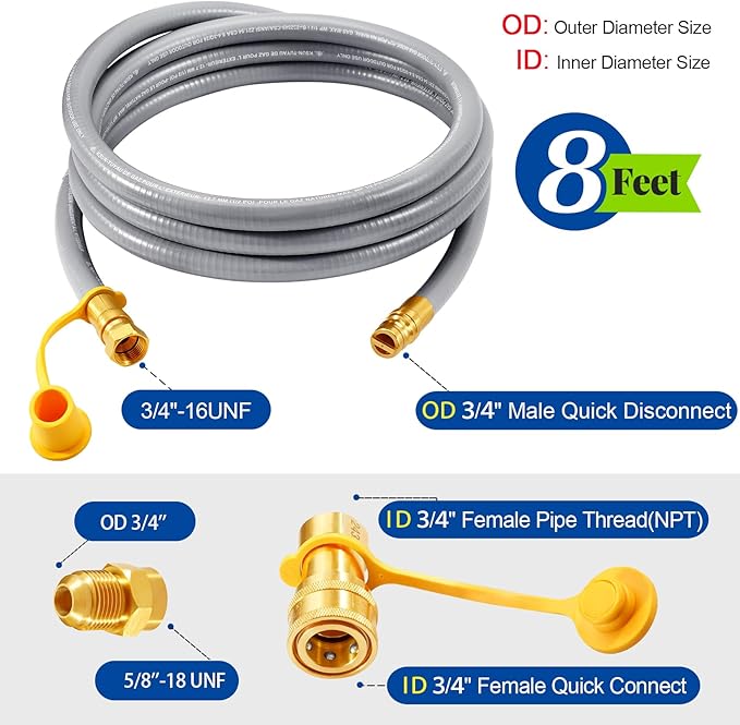 GasSaf 8 FT 1/2" ID Natural Gas Hose with Quick Connect Fitting, Natural Gas Conversion Kit for Gas Grill, Generator, Patio Heater and More - CSA Certified