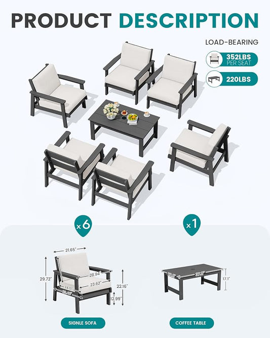 SERWALL HDPE Outdoor Furniture Set, 7 Piece All Weather Wood-Like Outdoor Sofa Sectional Couch, Grey Patio Furniture Set with Khaki Cushions